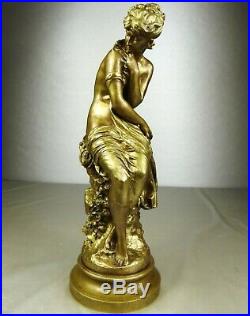 1860/1900 Math. Moreau Statue Sculpture Ep. Art Nouveau Bronze Dore Frileuse Nue