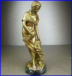 1880/1900 E. Ferrari Rare Statue Sculpture Bronze Dore Art Nouveau Femme Guitare