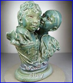 1880/1920 Statue Sculpture Buste Art Nouveau Deco Ceramique Faïence Enfant Signe