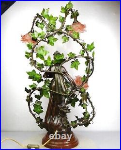 1890/1910 C Ruchot Lampe Statue Sculpture Art Nouveau Deco Femme Fleur Eclairage