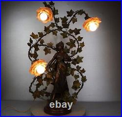 1890/1910 C Ruchot Lampe Statue Sculpture Art Nouveau Deco Femme Fleur Eclairage