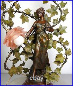 1890/1910 C Ruchot Lampe Statue Sculpture Art Nouveau Deco Femme Fleur Eclairage