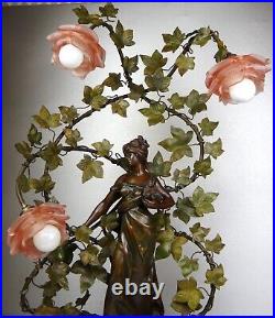 1890/1910 C Ruchot Lampe Statue Sculpture Art Nouveau Deco Femme Fleur Eclairage