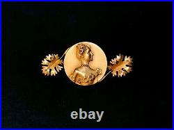 18k gold antique brooch art nouveau sculpture lady profile goddess flower medal