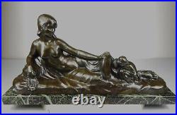 1900 A Foretay Rare Grd Statue Sculpture Art Nouveau/deco Bronze Femme Nue Singe