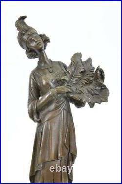 1920 Femme Avec Plumes Bronze Marbre Base Sculpture Milo Art Nouveau Figurine