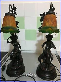 2 Lampes Art Nouveau Sculpture Signee Mario Pegoraro En Regule Patine Precieuse