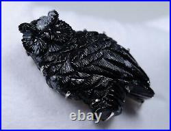 835 Argent Broche Antique Art Nouveau Sculpture En Obsidienne Hibou