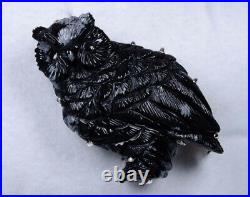 835 Argent Broche Antique Art Nouveau Sculpture En Obsidienne Hibou