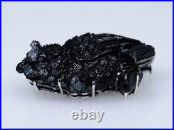 835 Argent Broche Antique Art Nouveau Sculpture En Obsidienne Hibou