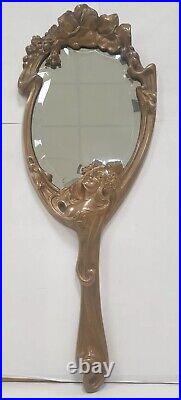 Ancien miroir main mural bronze sculpture nymphe art nouveau 1900 jugendstil