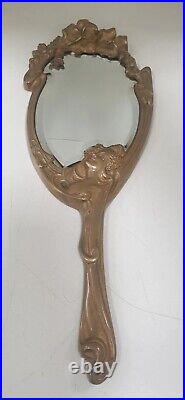 Ancien miroir main mural bronze sculpture nymphe art nouveau 1900 jugendstil