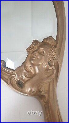 Ancien miroir main mural bronze sculpture nymphe art nouveau 1900 jugendstil