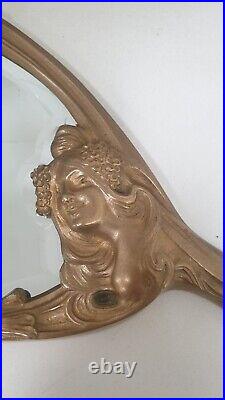 Ancien miroir main mural bronze sculpture nymphe art nouveau 1900 jugendstil