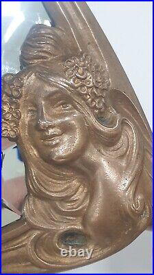 Ancien miroir main mural bronze sculpture nymphe art nouveau 1900 jugendstil