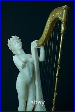 Ancien sculpture Art Nouveau Currini portrait femme nue Harpe Terpsichore Muse