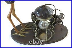 Antique Lampe de Table Art Nouveau en Bois Cigogne Sculpture Abat-Jour BM31