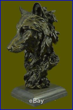 Art Déco Marbre Bronze Sculpture Statue Tête de Loup Buste Vie Sauvage Jardin