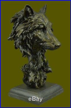 Art Déco Marbre Bronze Sculpture Statue Tête de Loup Buste Vie Sauvage Jardin