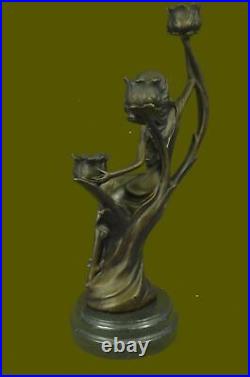 Art Nouveau Superbe Dame Candelabre Sculpture En Bronze Ouvre D'Art Statue LRG