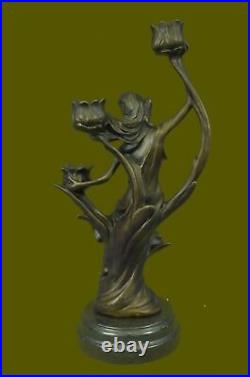 Art Nouveau Superbe Dame Candelabre Sculpture En Bronze Ouvre D'Art Statue LRG