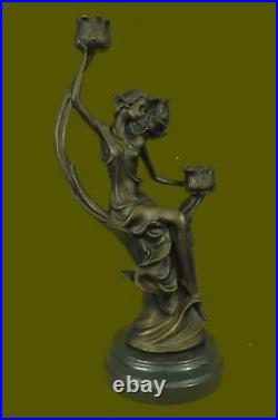 Art Nouveau Superbe Dame Candelabre Sculpture En Bronze Ouvre D'Art Statue LRG