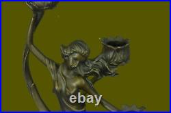 Art Nouveau Superbe Dame Candelabre Sculpture En Bronze Ouvre D'Art Statue LRG