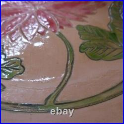 Art Nouveau poterie sculpture céramique assiette fleur rose vert France N7537