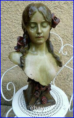 Art-nouveau 1900. Grand & Beau Buste. Jeune Femme Coiffée De Fleurs. Signée