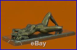 Beau Signé Art Nouveau Doré Bronze Sculpture Figurine Statue Nue Chair Fille