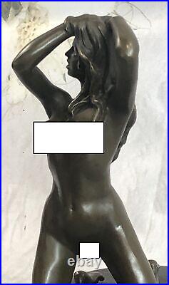Beau Signée Style Art Nouveau Doré Bronze Sculpture Figurine Statue Nue Nu Fille