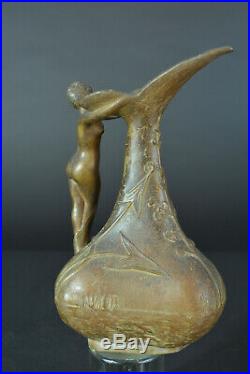 Belle sculpture art nouveau vase Pichet Jules Jouant Femme Fleur Nue Poissons