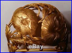 Boucle ceinture ancienne art nouveau 1900 sculpture fleur dragon bronze laiton
