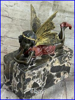 Bronze Fairy / Multicolore Patine Statue Style Art Nouveau non Signé