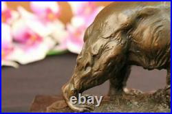 Bronze Grizzly Bear Chasse Poisson Rivière Sculpture Art Marbre Base Décor
