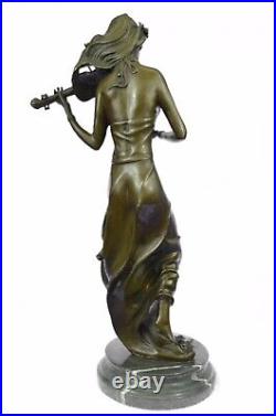 Bronze Sculpture Musical Cadeau Femelle Violon Lecteur Art Nouveau Fonte Ouvre