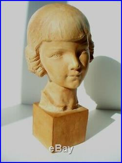 Buste art nouveau art déco sculpture fille signée Gallo terre cuite 34 cm