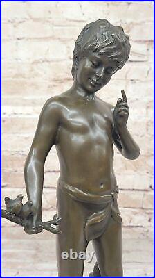 Détaillé Véritable Bronze Sculpture Pan Garçon Avec Oiseau, Art Nouveau Pièce