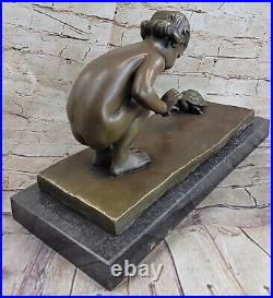 Européenne Art Nouveau Romain Bronze Statue De Fille Et Tortue Signée Vitaleh