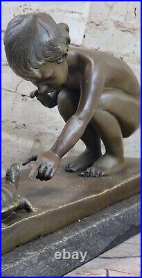 Européenne Style Art Nouveau Romain Bronze Travails Statue De Fille Et Tortue