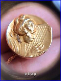 French 18k gold antique broche sculpture lady profil goddess harp Art Nouveau