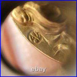 French 18k gold antique broche sculpture lady profil goddess harp Art Nouveau