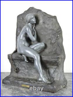 G. OBIOLS (1858-1910) Sculpture en étain Andromède enchainée Art Nouveau