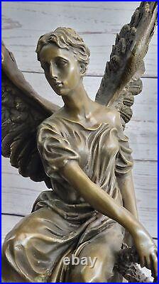 Grand Bronze Femelle Avec Angélique Ailes Marbre Sculpture Style Art Nouveau
