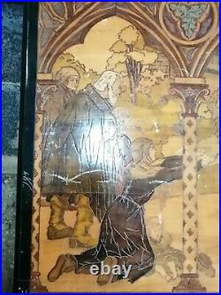 Grand tableau bois pyrogravé art nouveau Sainte Thérèse signe L. LIMOGES médiéval