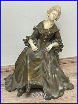 Important Style Art Nouveau Bronze Marbre Assis Femme Sculpture Par