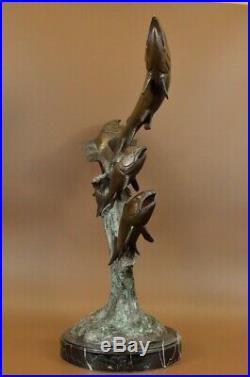 Mer Rive Natation Poisson Truite Bronze Marbre Sculpture Statue Art Déco Solde