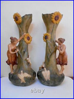 Paire De Statues Vases Terre Cuite Art Nouveau Art Floral 1900 Signées F Foucher