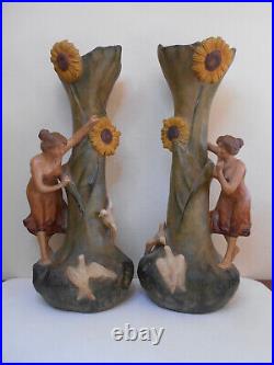 Paire De Statues Vases Terre Cuite Art Nouveau Art Floral 1900 Signées F Foucher