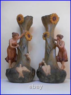 Paire De Statues Vases Terre Cuite Art Nouveau Art Floral 1900 Signées F Foucher